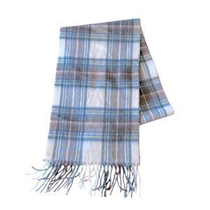 House of Scotland Lambswool Plaid Fringe Scarf Ivory Blue Old Money Preppy